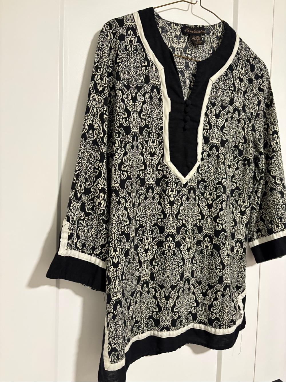 Marisa Christina Linen Blend Black and Cream 3/4 Sleeve Tunic Top Size Medium - Picture 3 of 12
